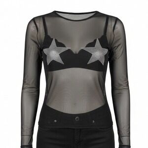 New Small Black Starry Night Sheer Jewel Long Sleeve Mesh Silver Long Sleeve Top